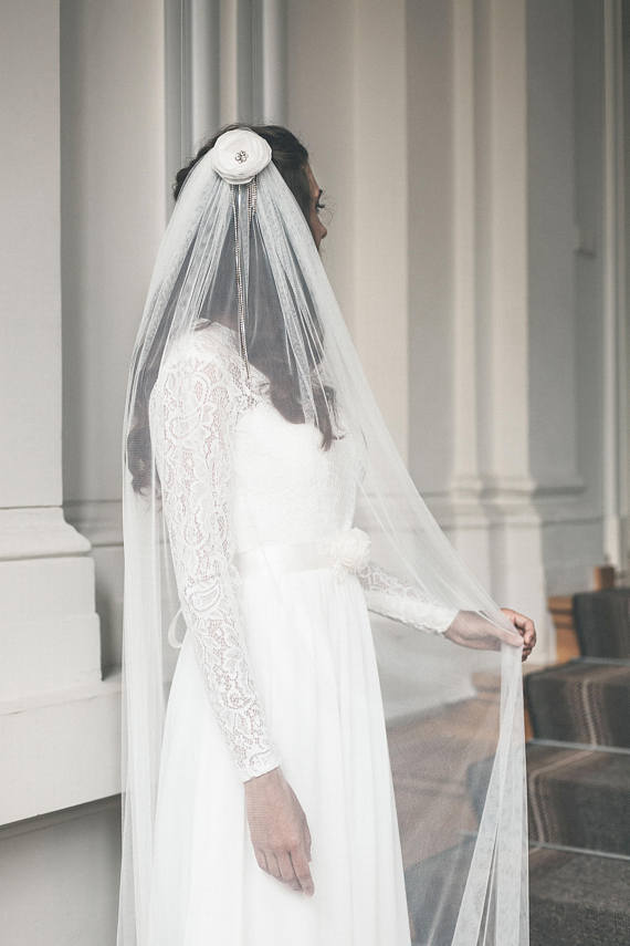 Bride wearing JANE simple narrow veil in soft English tulle — ivory