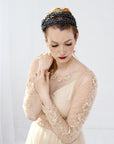 Frontal view of the MARIA gothic wedding tiara showcasing the architectural height of the double headband and the seamless integration of black crystals.