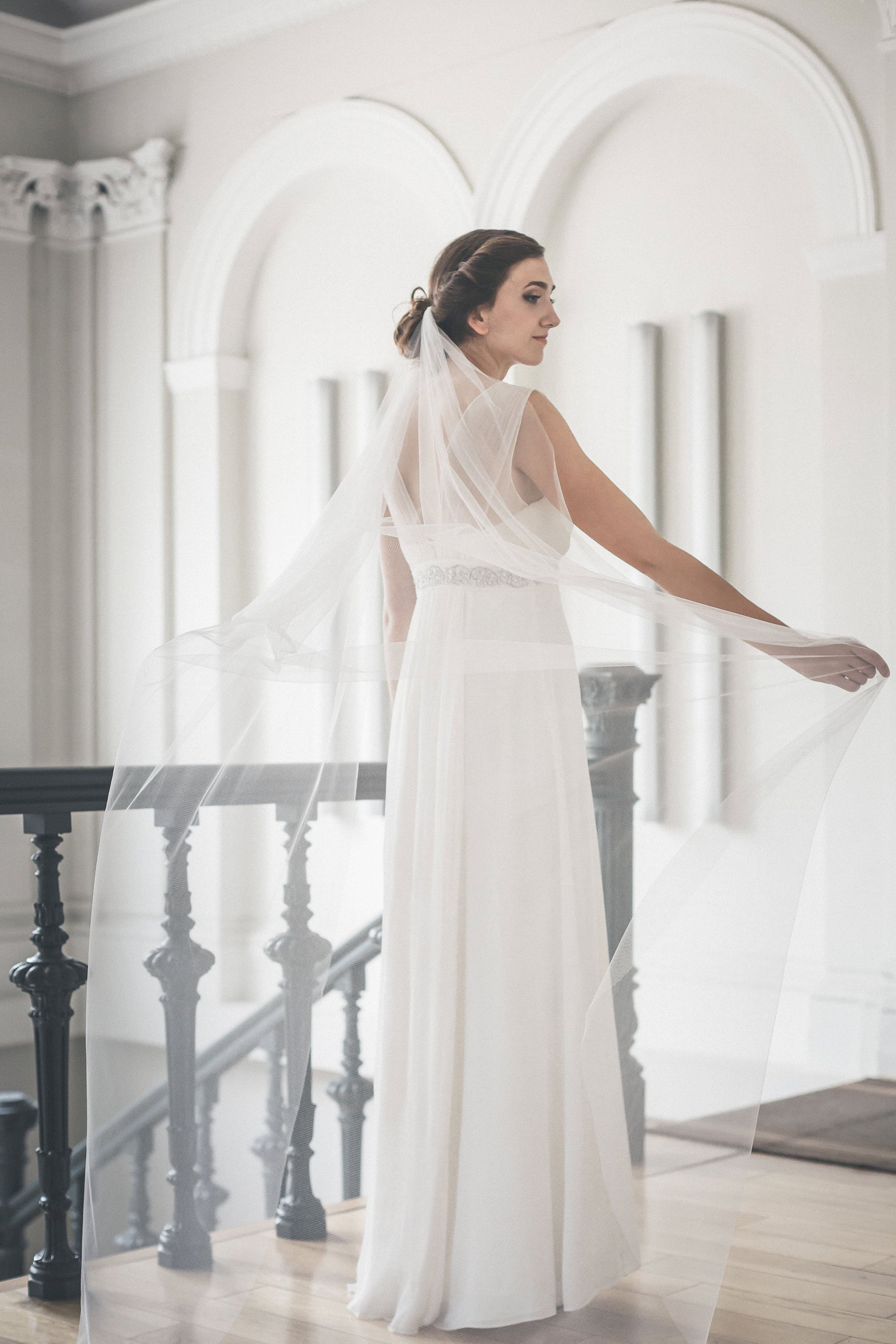 ELIZABETH soft draped wedding veil in ivory English tulle with raw curved edge, handmade bridal veil
