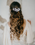 LIUCINA bridal hair vine with cotton velvet flowers, pearls, and sparkling crystals