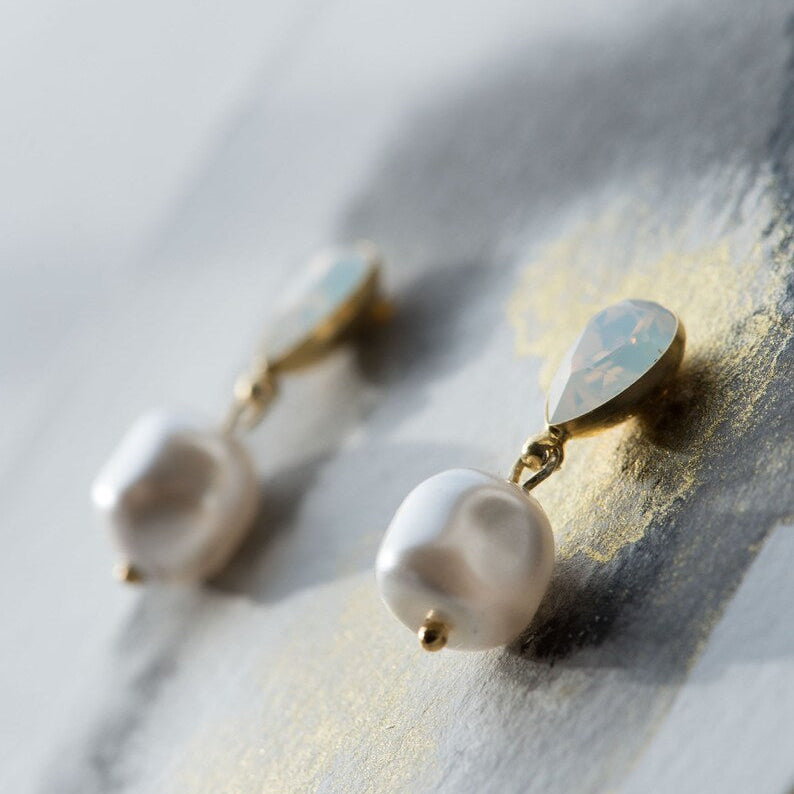 PERELLA baroque pearl and crystal drop earrings in silver finish
