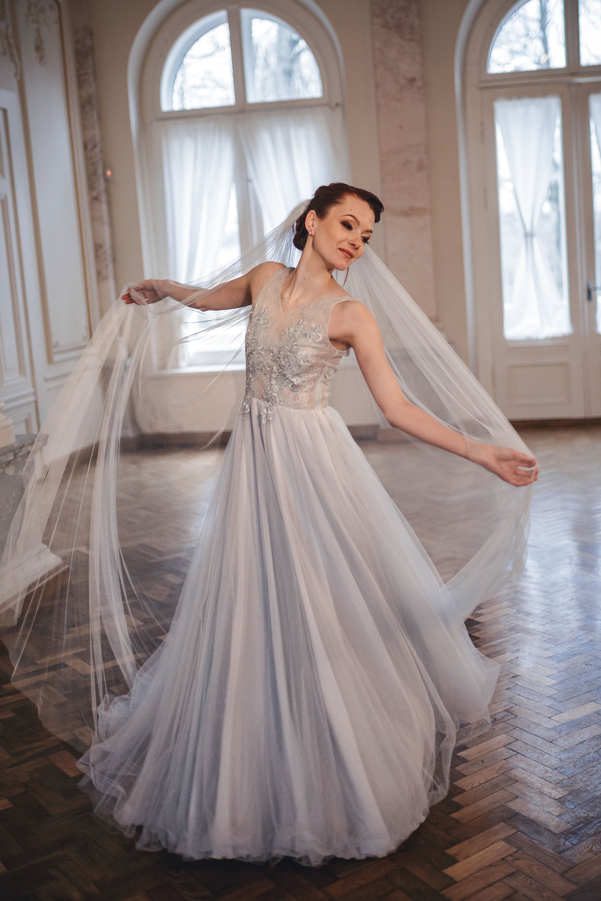blue color wedding veil from soft English tulle