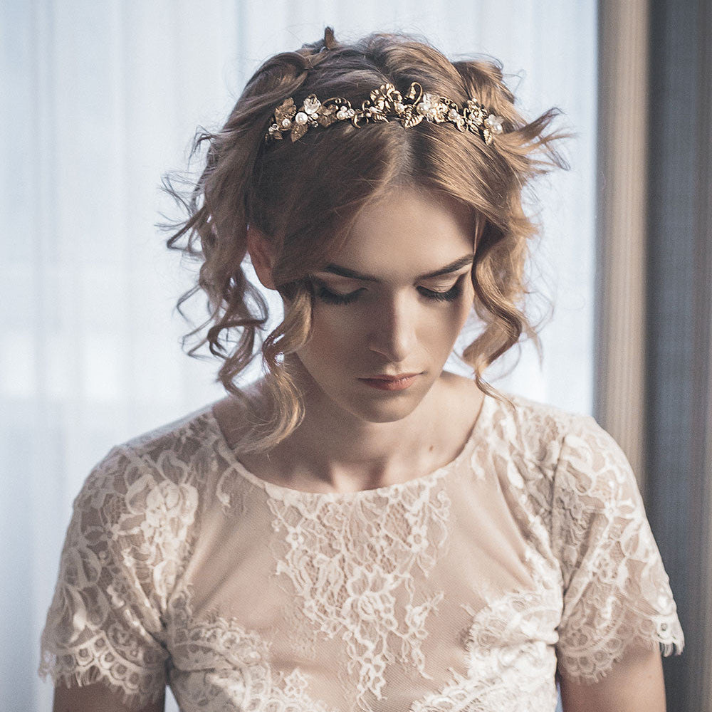 Sybil Edwardian floral headband with brass flowers, pearls and subtle crystal accents