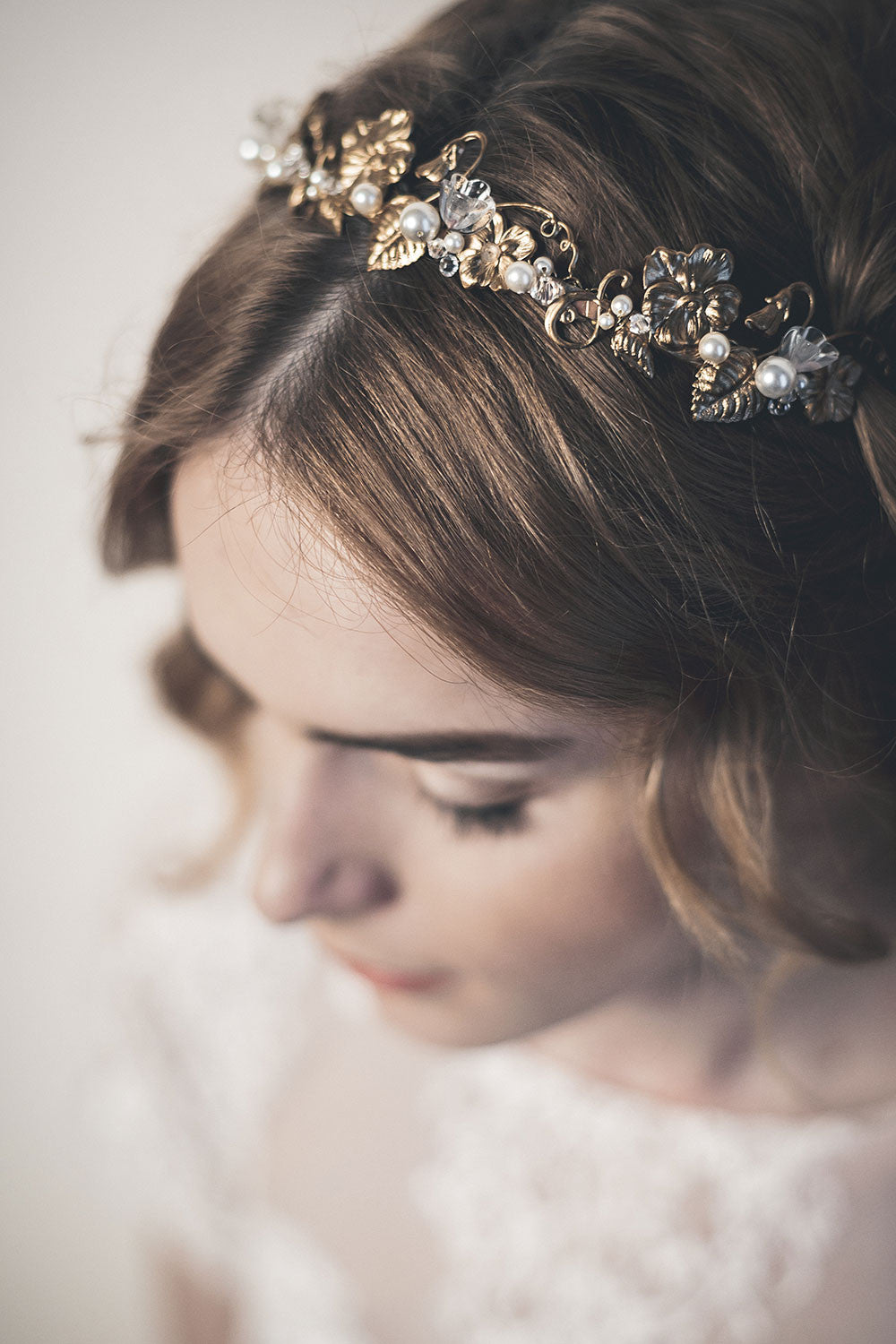 Brass floral headband with pearl and crystal accents, Edwardian inspired design