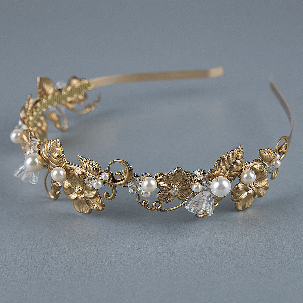 Brass floral headband with pearl and crystal accents, Edwardian inspired design