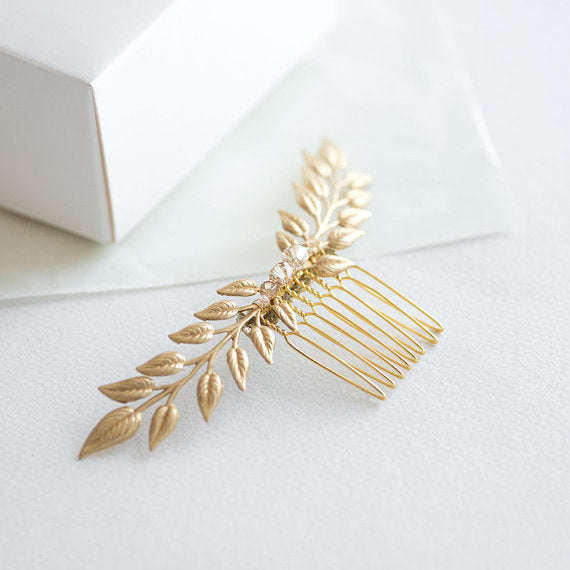 Gold laurel hair comb with subtle crystal accents