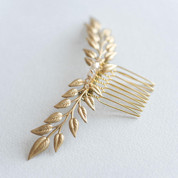 Alexandra Petite crystal and gold leaf comb photographed in natural light
