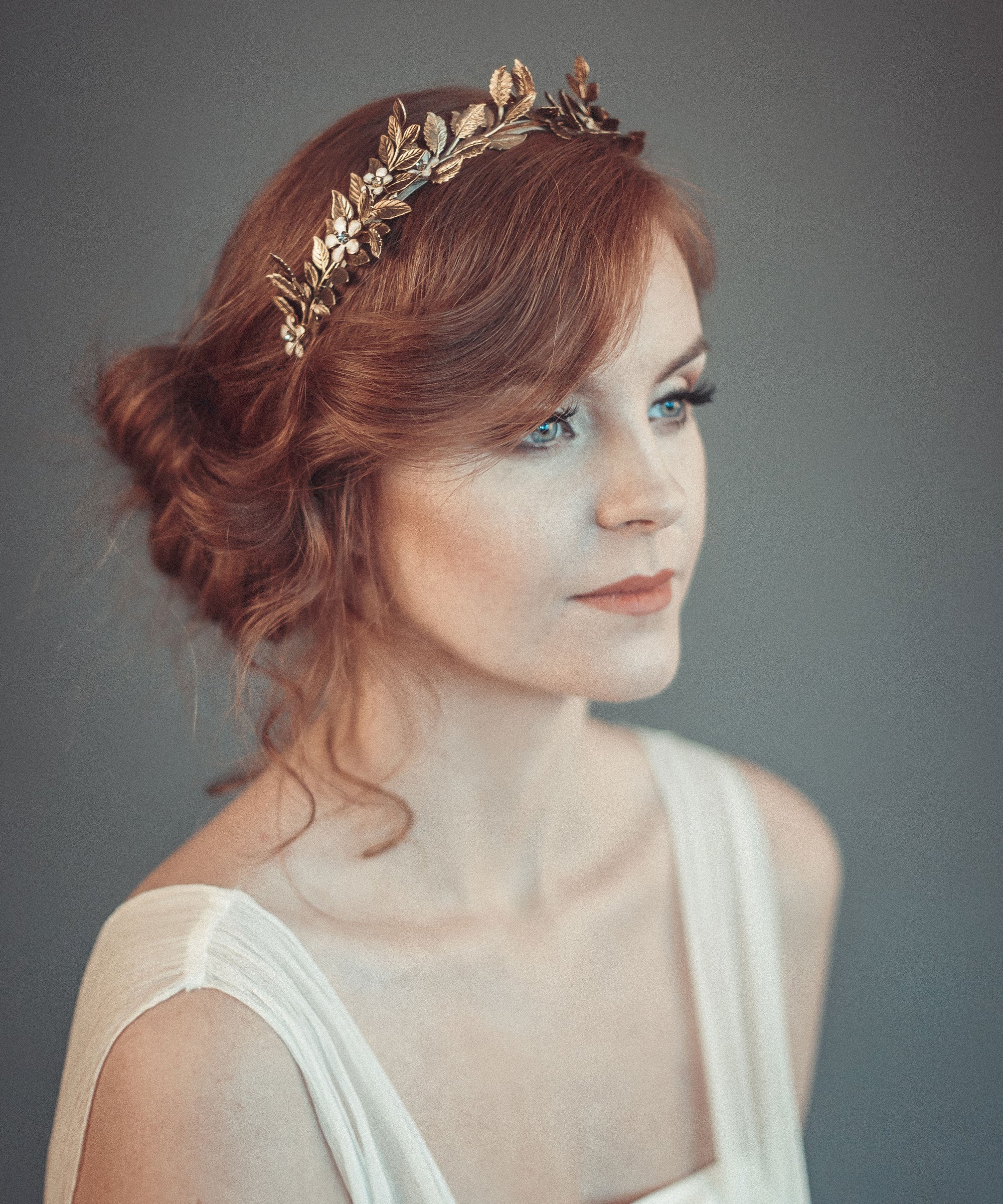 Gold laurel leaf bridal crown inspired by Greek goddess wreaths, handmade brass wedding headpiece