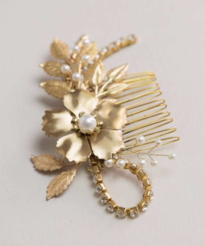 gold floral comb with crystals