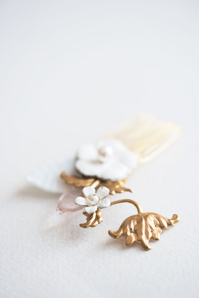 floral hair comb with enameled flowers