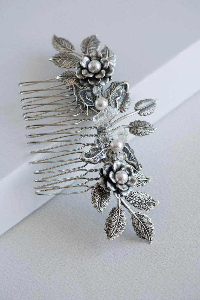 silver floral hair comb with crystals and pearls