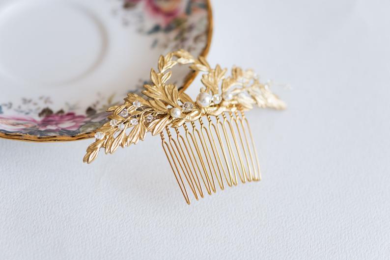 gold leaf wedding hair comb