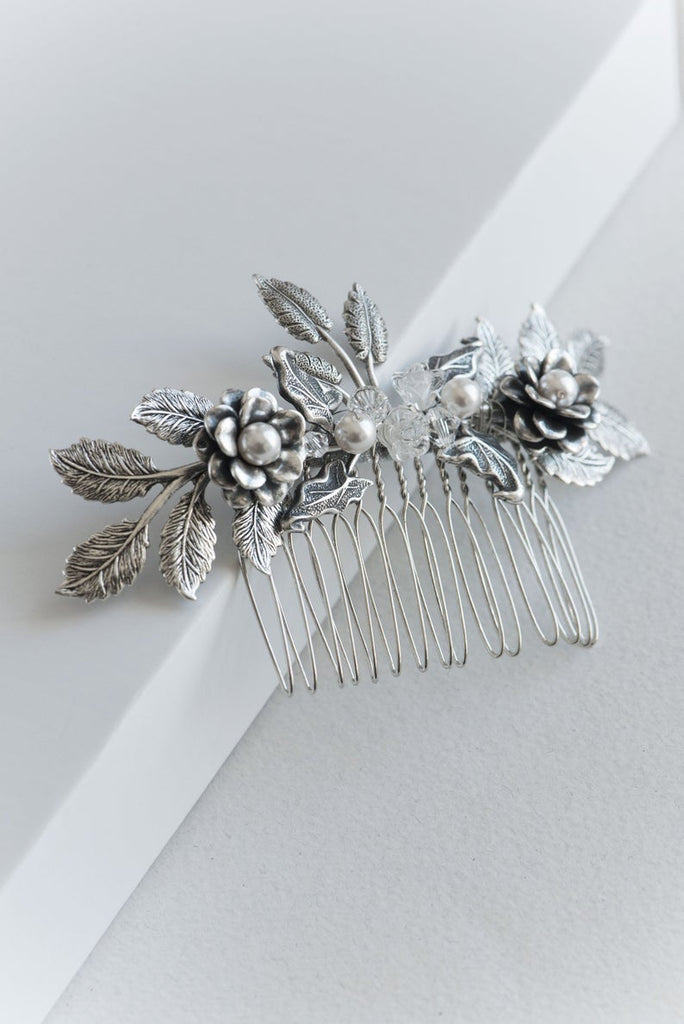 silver floral hair comb with crystals and pearls