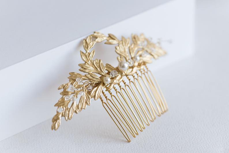 gold leaf wedding hair comb