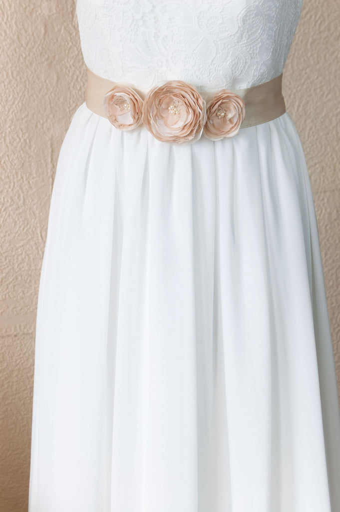 Rustic Wedding Sash, Wedding Belt, Flower Sash, Beige Wedding Sash, Champagne Belt, Floral Bridal Belt