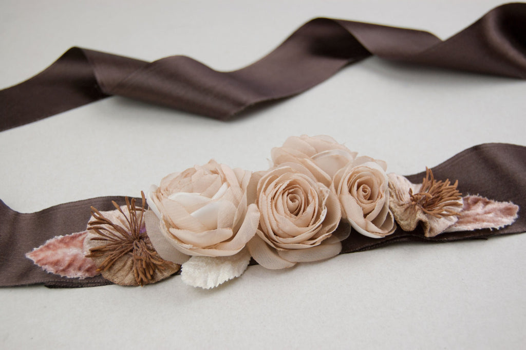 Bridal floral sash, Wedding floral sash, Wedding dress sash, Brown sash