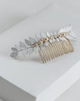 Curved laurel leaf hair comb with enamel leaves, pearls and crystals, lightweight bridal accessory