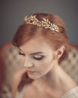 Boho bridal laurel headband in gold tone, lightweight leaf crown for elopement bride