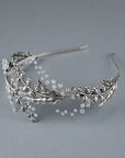 Silver lily of the valley bridal crown with Austrian crystals, handcrafted metal headband for weddings.