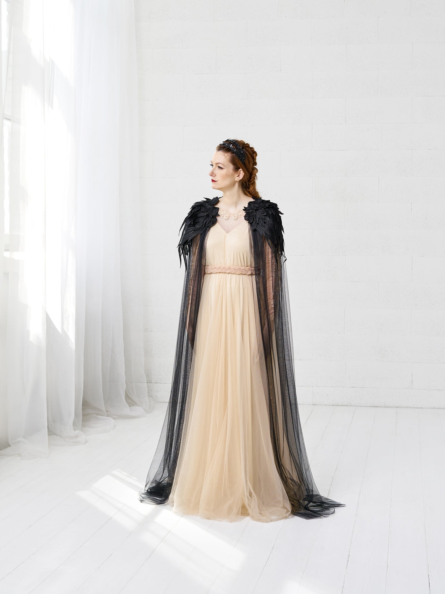 Medieval inspired black bridal cape with dramatic train in soft English tulle