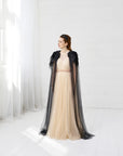 Medieval inspired black bridal cape with dramatic train in soft English tulle