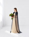 Medieval inspired black bridal cloak in soft English tulle, feathered lace on top