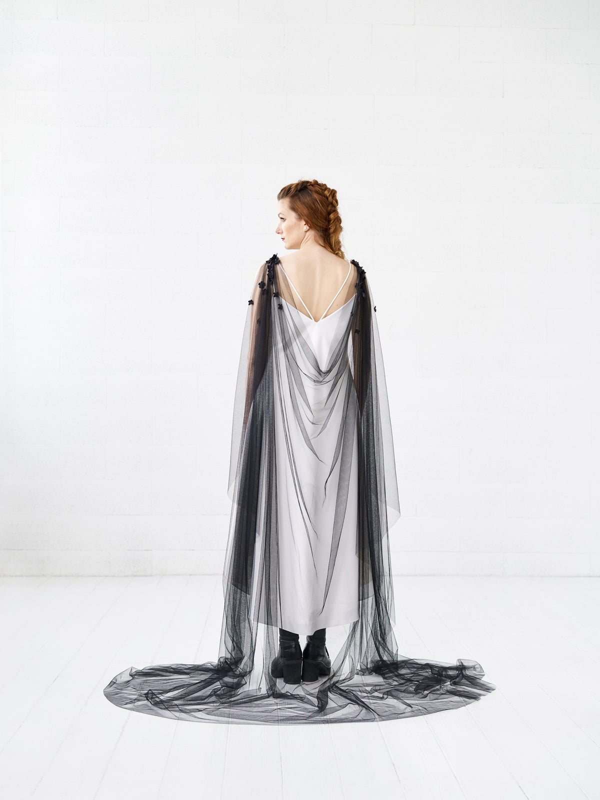 Black English tulle wedding cape with hand-shaped velvet hydrangea flowers