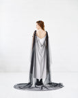 Black English tulle wedding cape with hand-shaped velvet hydrangea flowers