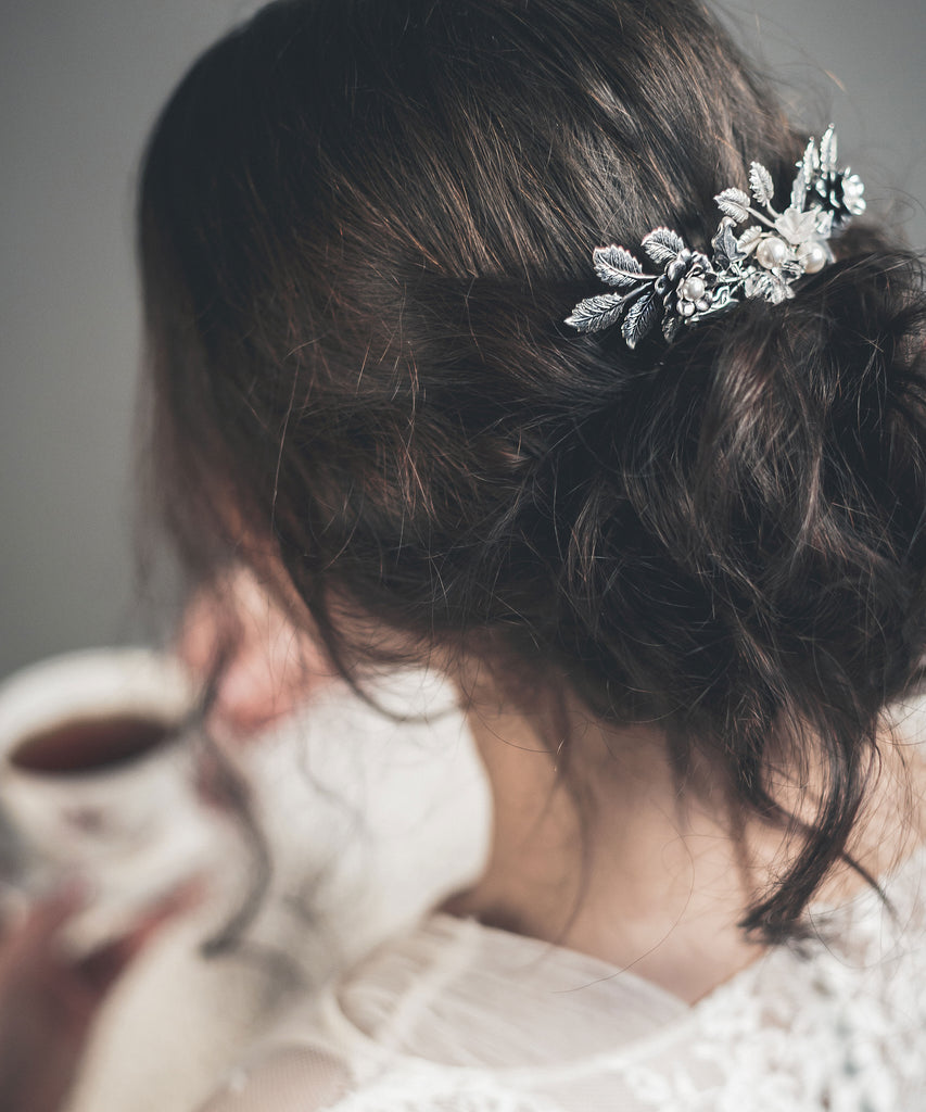 silver floral hair comb with crystals and pearls