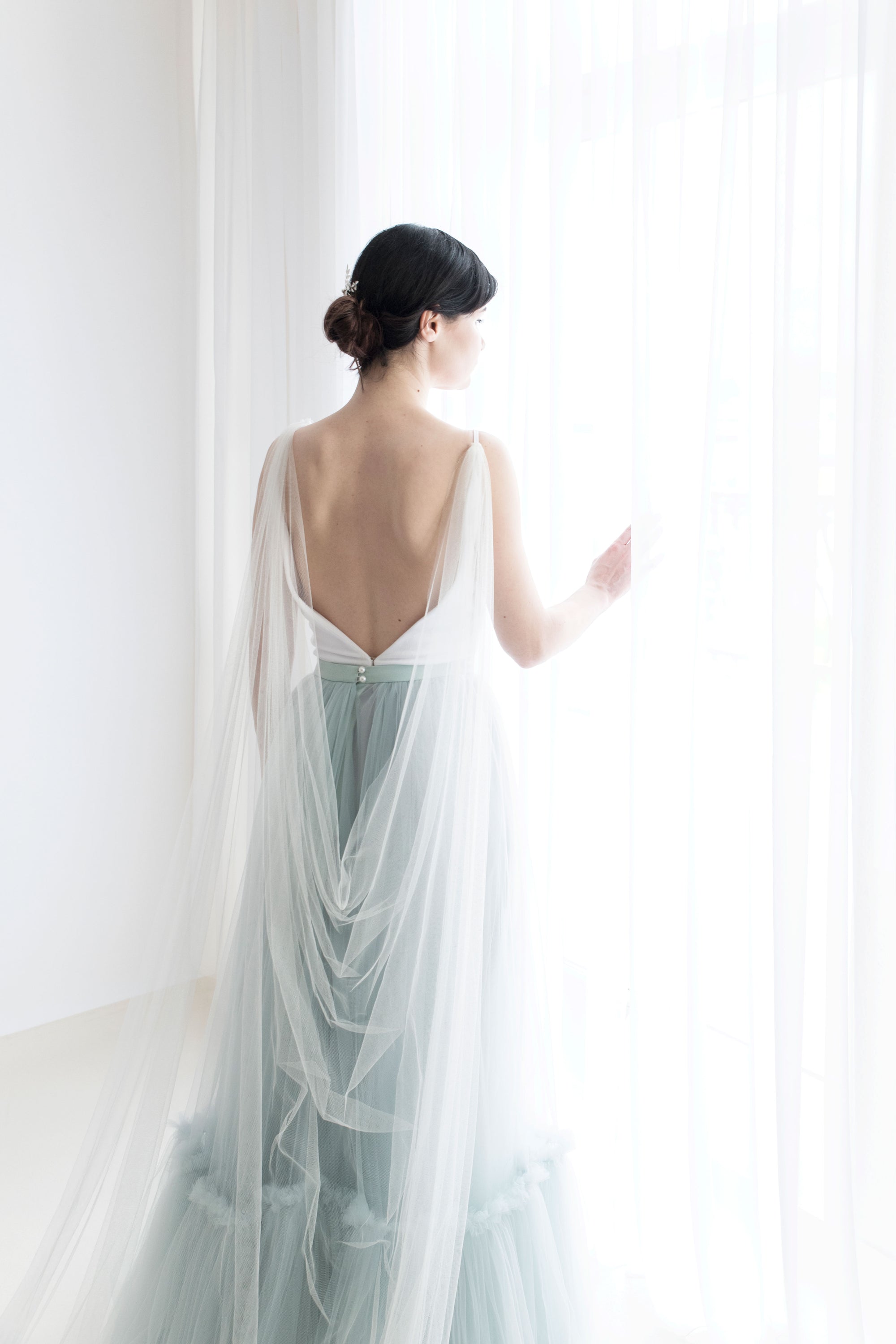 Lirio bridal cape veil with silver lobster clasp attachment, soft English tulle shoulder veil for low back dress.
