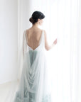 Lirio bridal cape veil with silver lobster clasp attachment, soft English tulle shoulder veil for low back dress.
