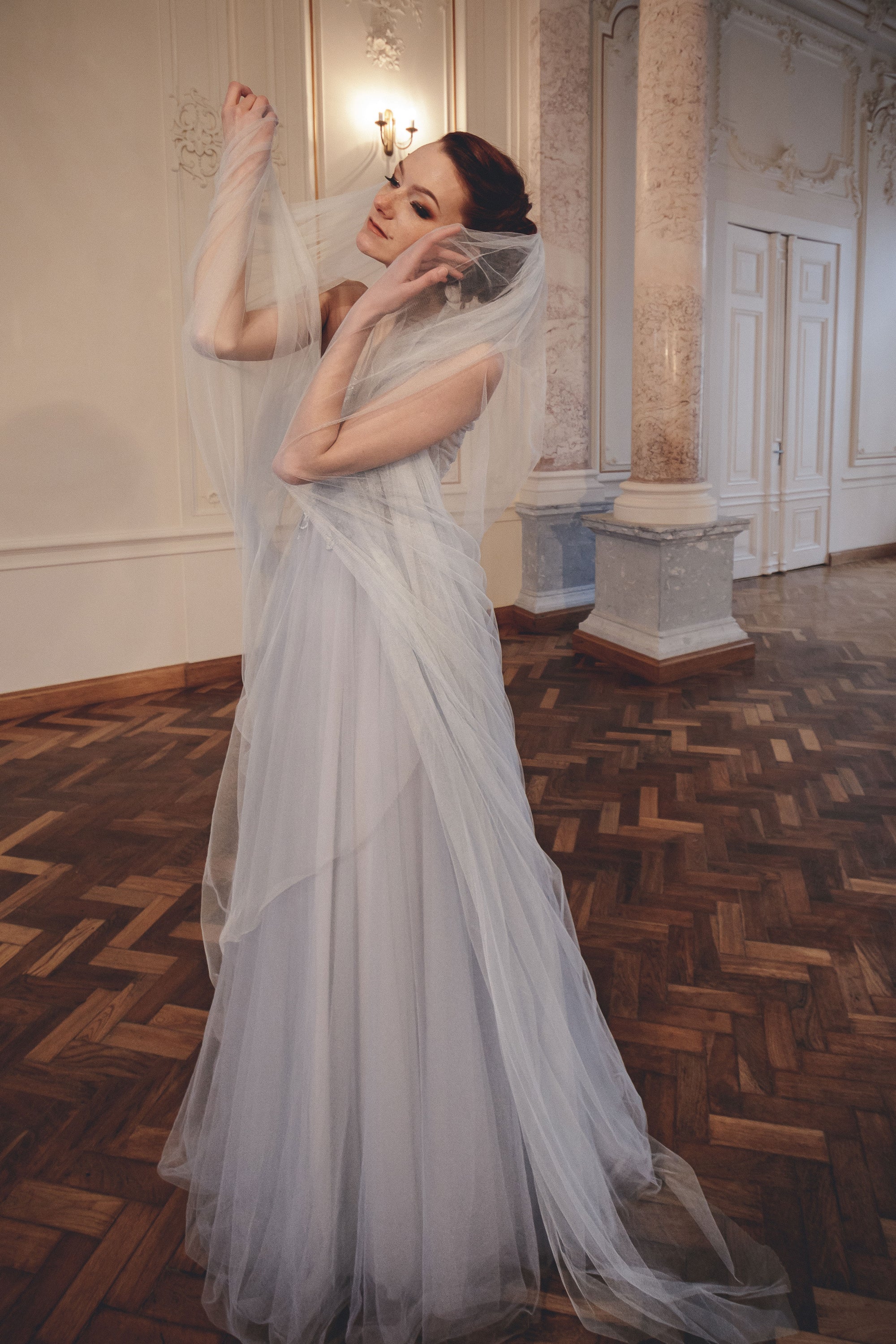 blue color wedding veil from soft English tulle, medium wide