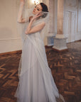 blue color wedding veil from soft English tulle, medium wide