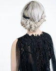 Black English tulle wedding cape with lace shoulder detail and glass crystals
